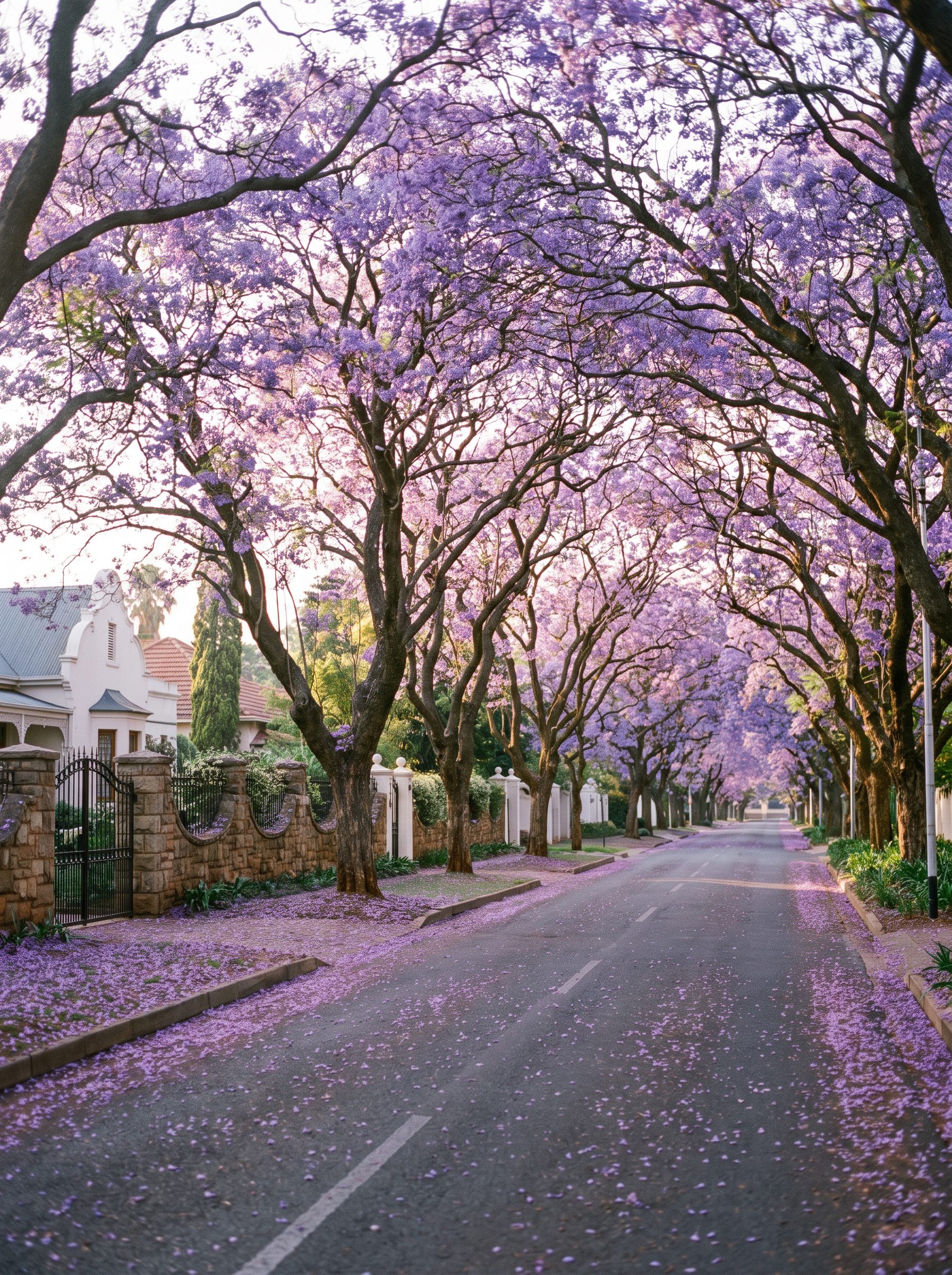 Jacaranda trees blooming on Ridge Street outside House Falcon Guest House, Muckleneuk Pretoria